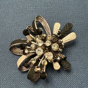 Vintage-Inspired Black and Crystal Rhinestone Floral Brooch